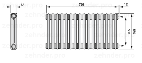 Схема (чертеж) Радиатор Zehnder Charleston 2056/16 №7610 Белый глянцевый RAL 9016